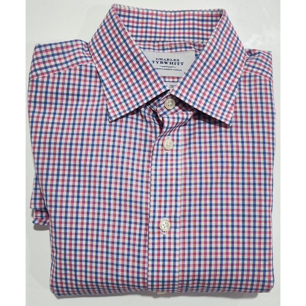 Charles Tyrwhitt Men's Blue Red Check Slim Fit Dress Shirt Size 15.5 X 32